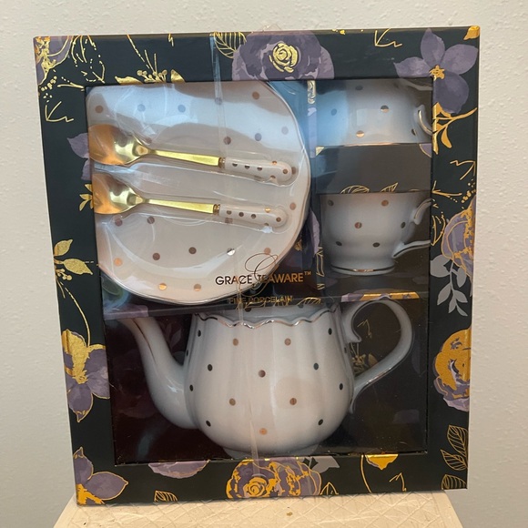 7pc white & gold polkadot Teapot, spoons, Cup & Saucer boxed by Grace teaware - Picture 2 of 16